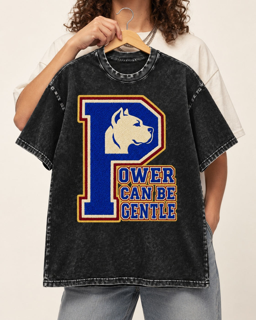 Pitbull Power Can Be Gentle Varsity Graphic Washed Tee in Black, held up on a hanger