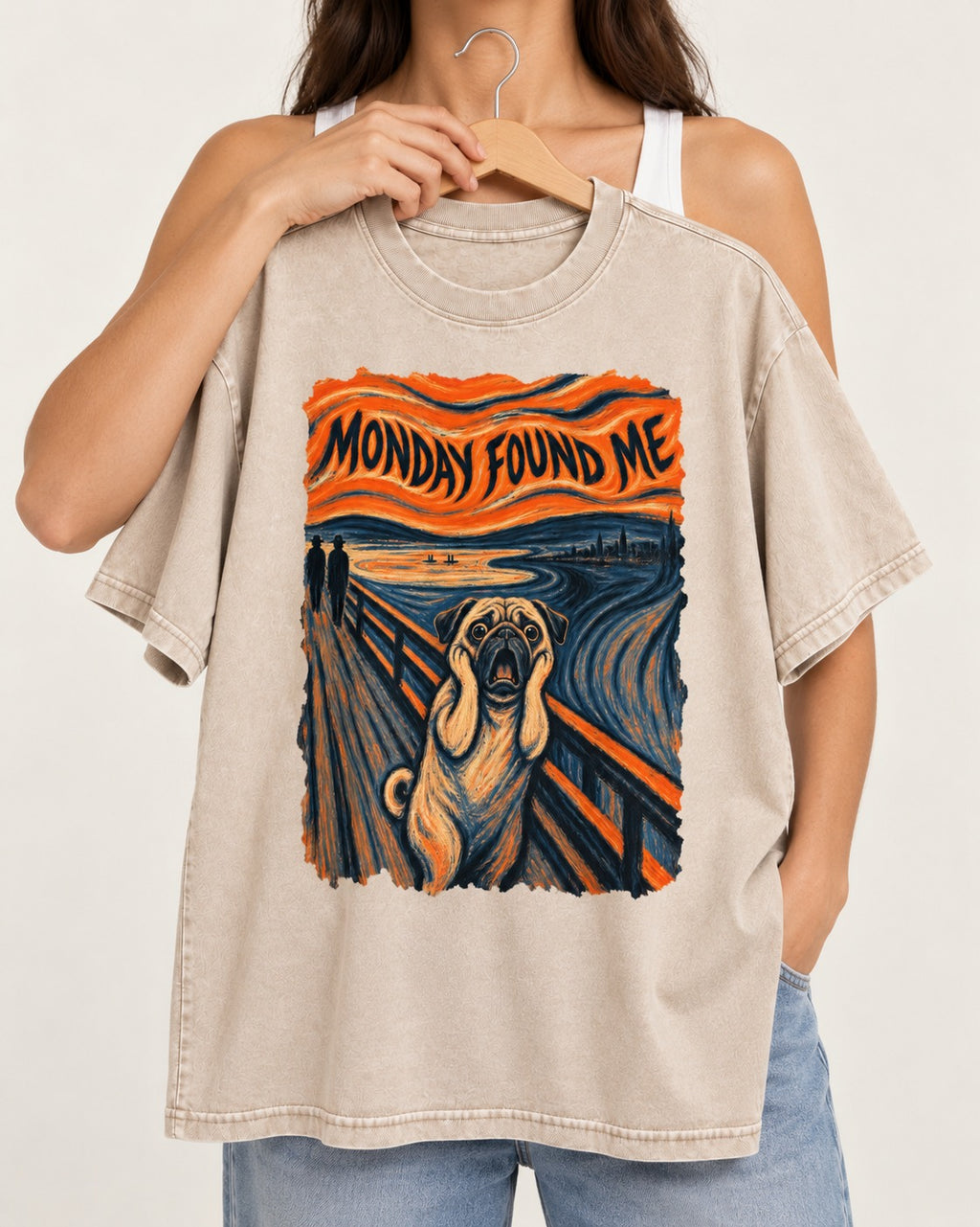 Pug Monday Found Me Scream Parody Graphic Washed Tee in Apricot, held up on a hanger