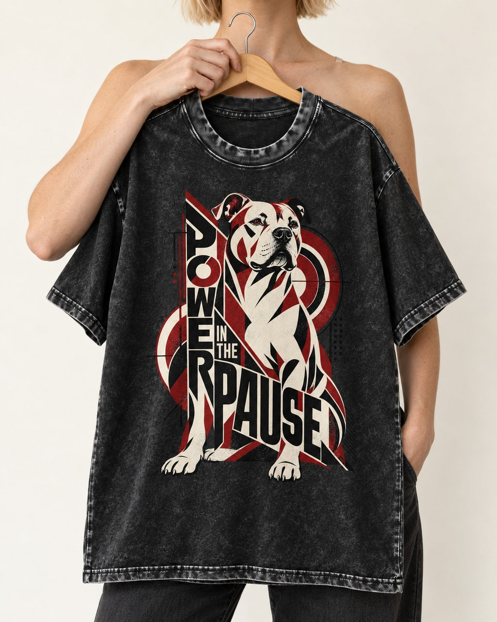 Pitbull Power in the Pause Geometric Graphic Washed Tee in Black, held up on a hanger