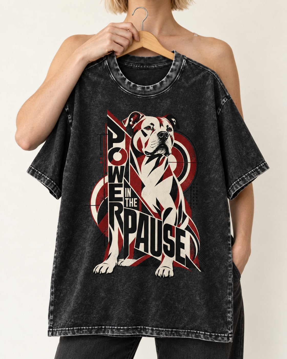 Pitbull Power in the Pause Geometric Graphic Washed Tee in Black, held up on a hanger