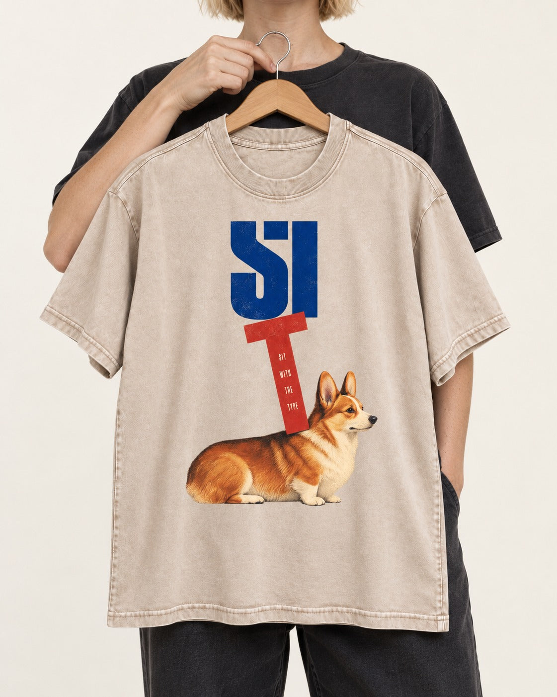 Sit with the Corgi Washed Tee in Apricot, held up on a hanger