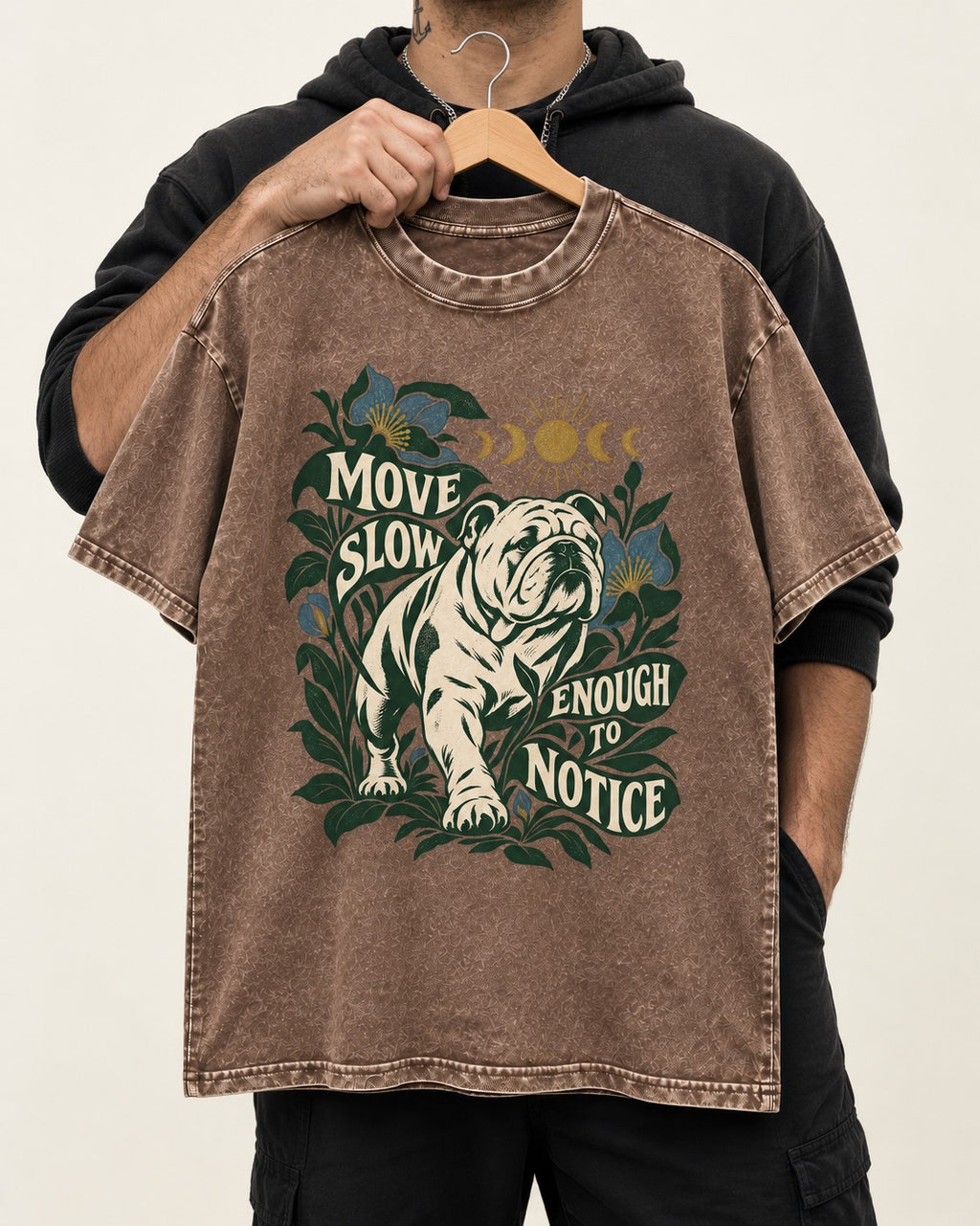 Move Slow English Bulldog Washed Tee in Coffee, held up on a hanger