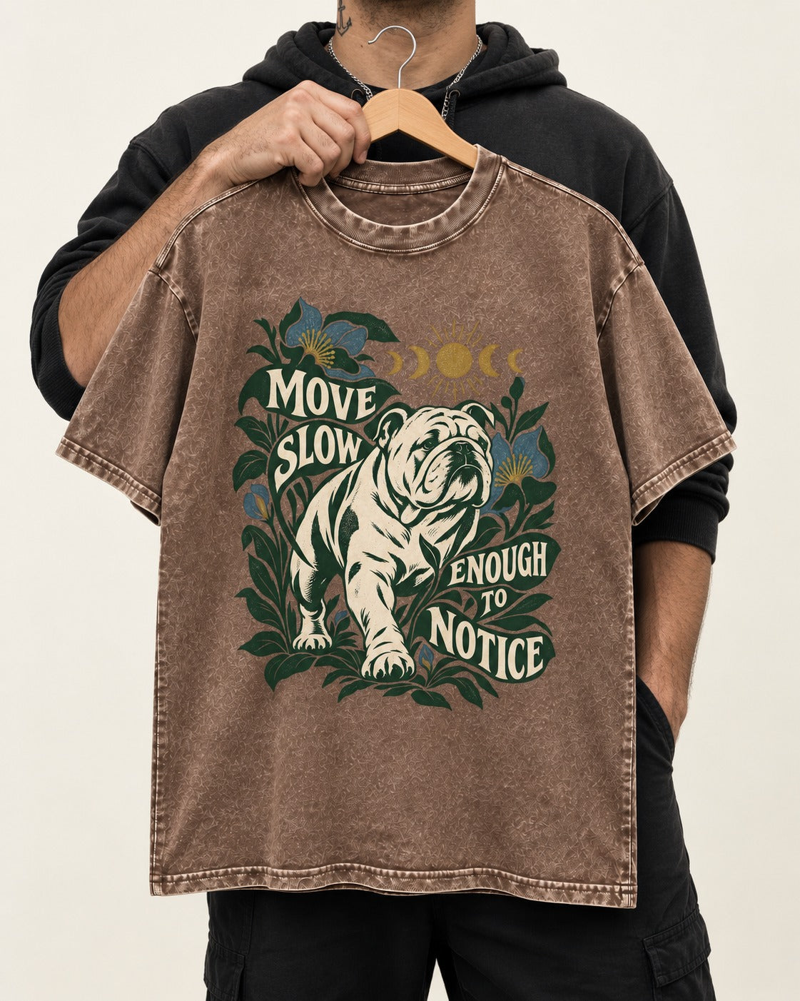 Move Slow English Bulldog Washed Tee in Coffee, held up on a hanger