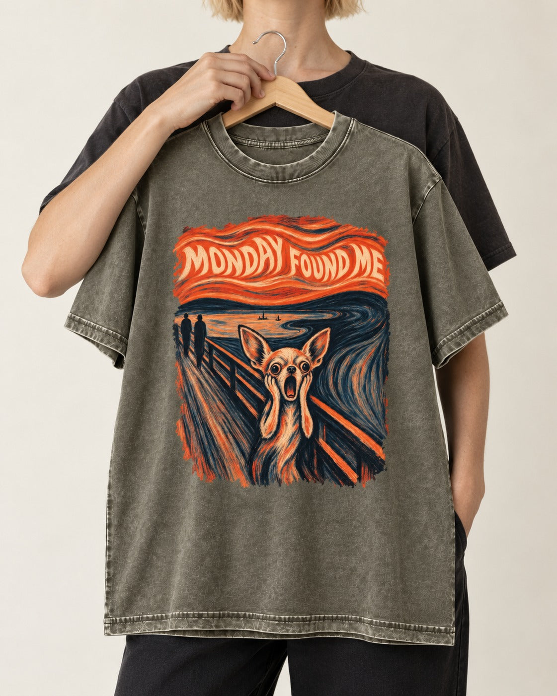 Monday Found Me Chihuahua Scream Banner Washed Tee in Army Green, held up on a hanger