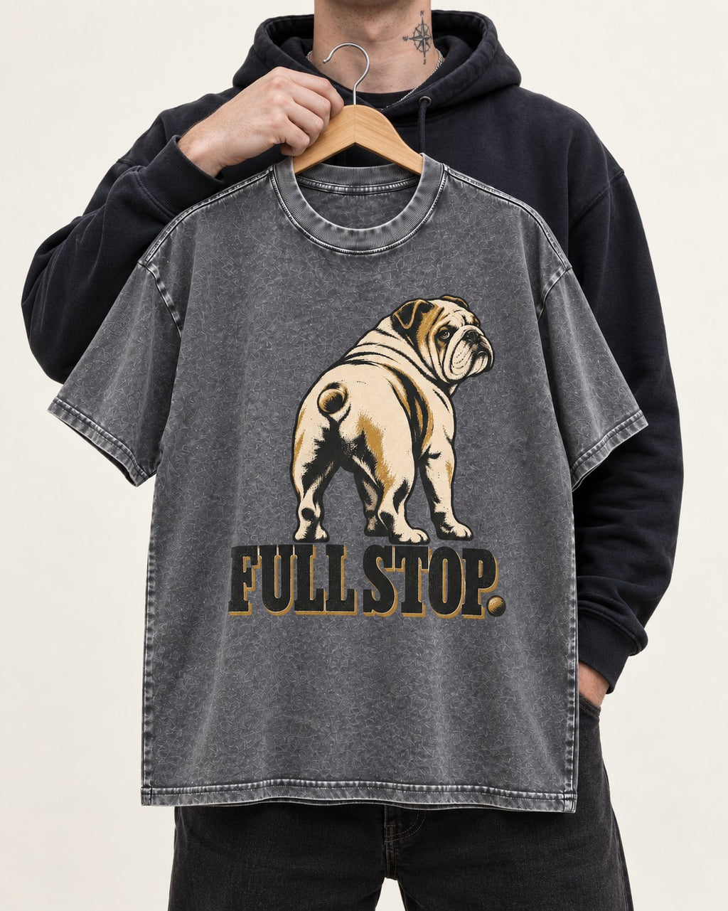 English Bulldog Full Stop Washed Tee in Gray, held up on a hanger