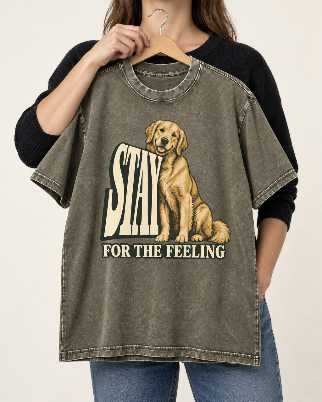 Golden Retriever Stay for the Feeling Leaning Puppy Graphic Washed Tee in Army Green, held up on a hanger