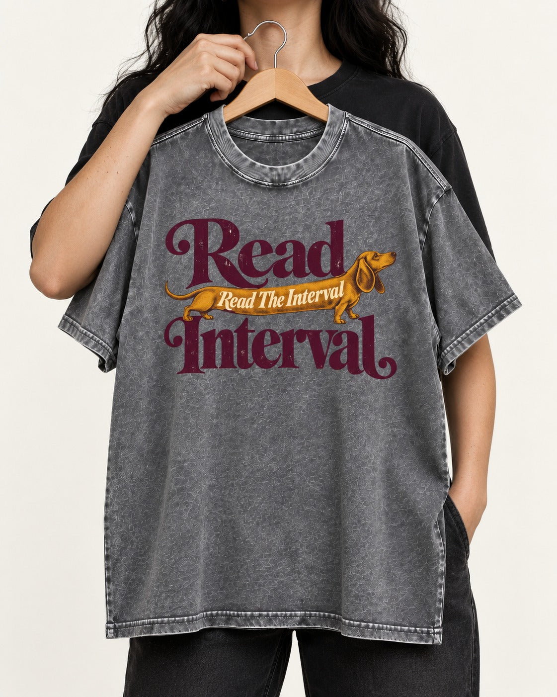 Read the Dachshund Interval Washed Tee in Gray, held up on a hanger