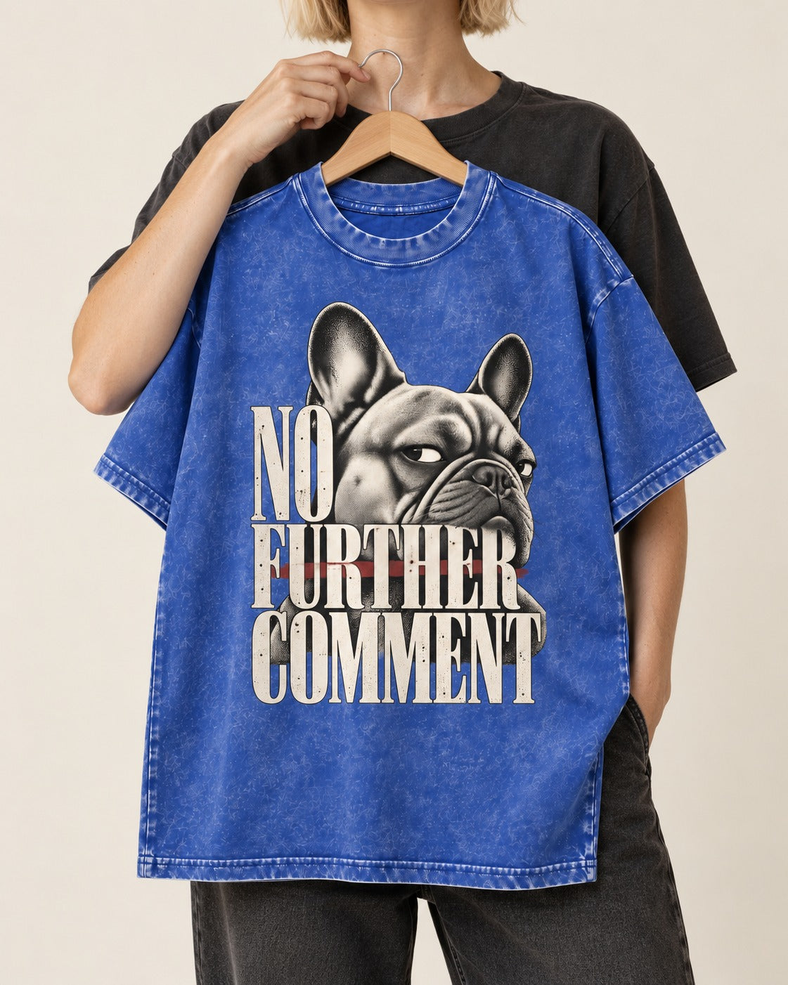 Frenchie No Further Comment Side Eye Graphic Washed Tee in Royal Blue, held up on a hanger