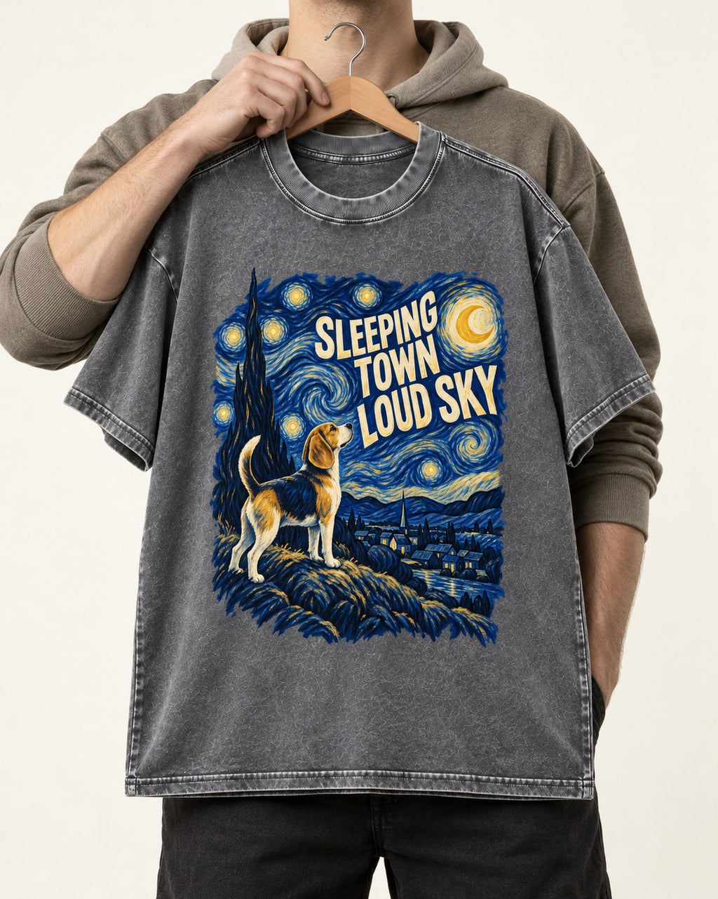 Sleeping Town Loud Sky Beagle Nightscape Washed Tee in Gray, held up on a hanger
