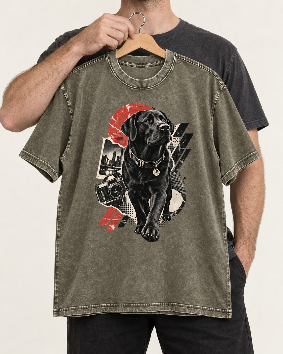 Labrador Retriever Camera City Halftone Collage Graphic Washed Tee in Army Green, held up on a hanger