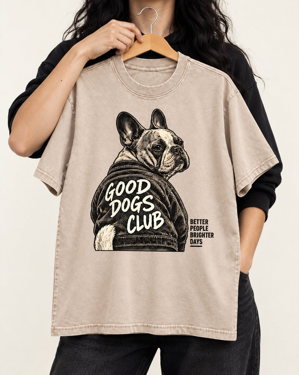 Good Frenchie Club Washed Tee in Apricot, held up on a hanger