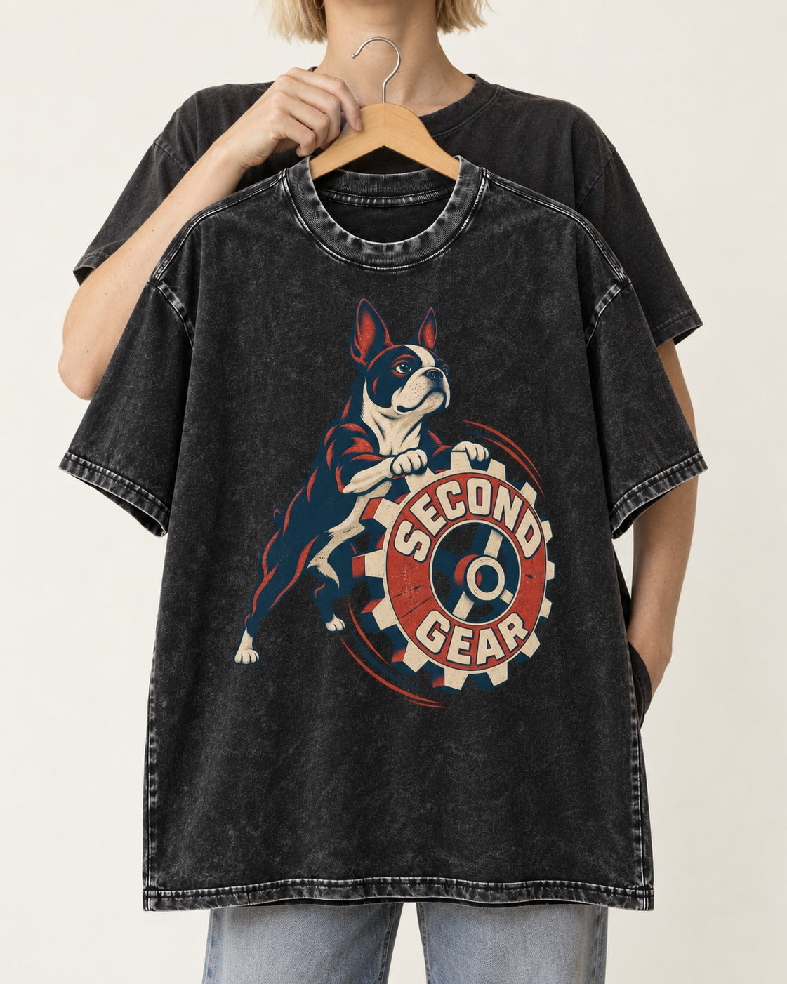 Second Gear Boston Terrier Graphic Washed Tee in Black, held up on a hanger