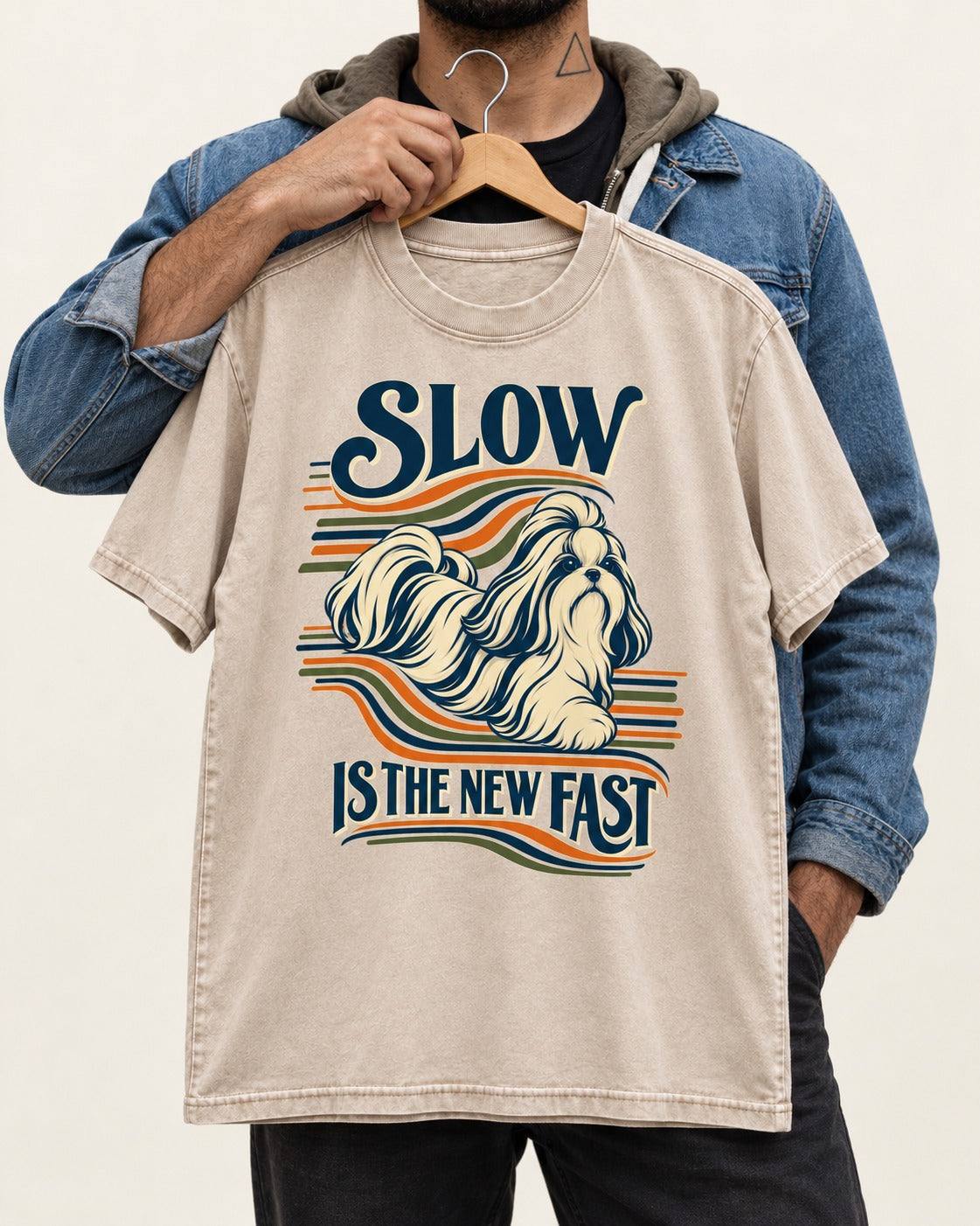 Slow Is Fast Shih Tzu Washed Tee in Apricot, held up on a hanger