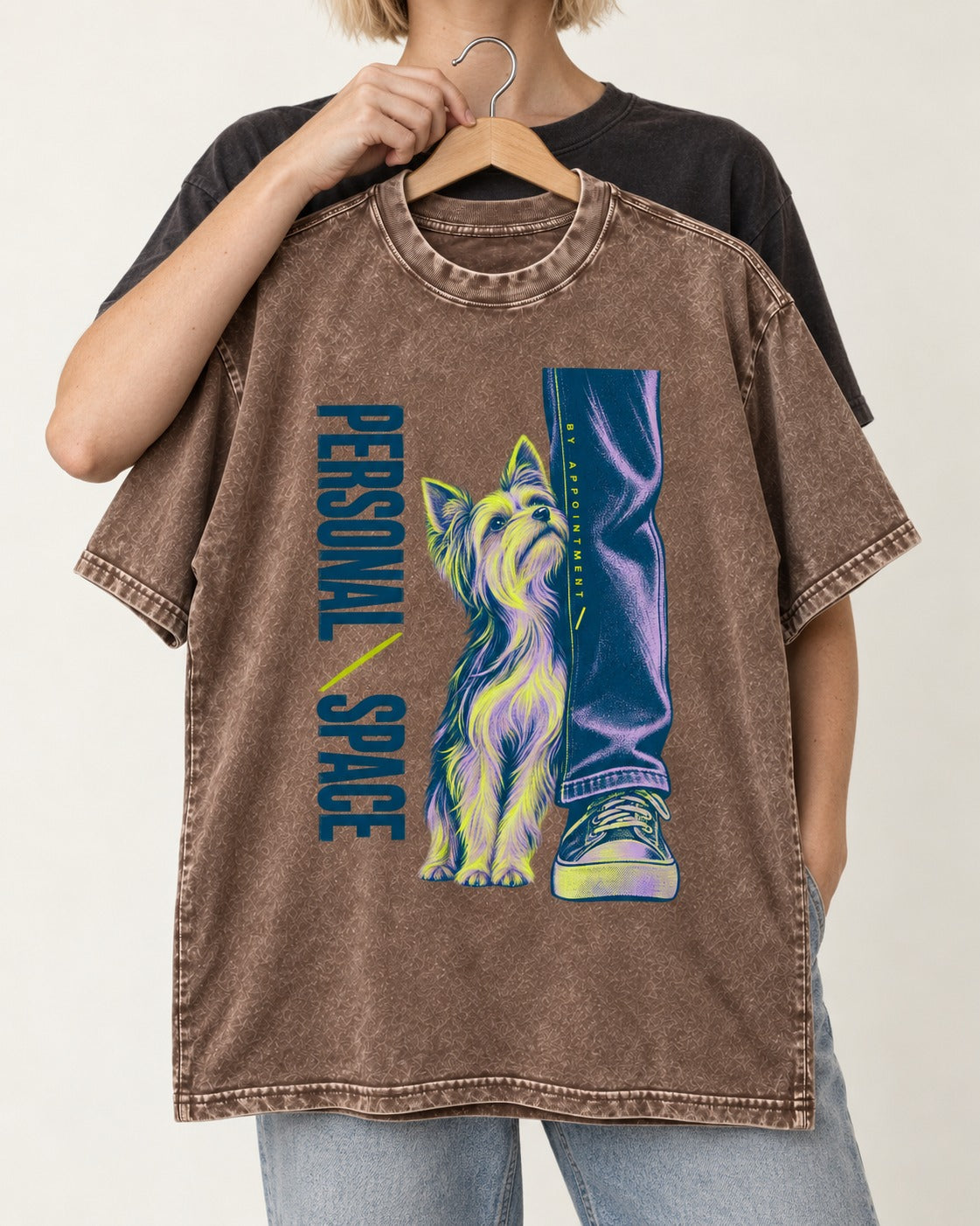 Yorkshire Terrier Personal Space by Appointment Washed Tee in Coffee, held up on a hanger