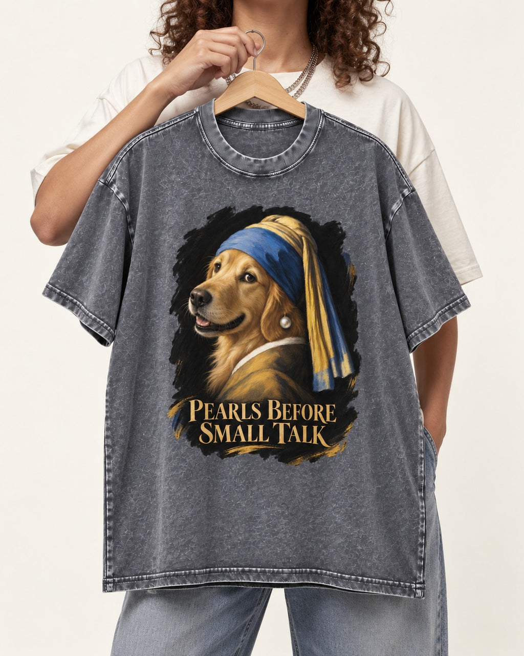 Pearls Before Small Talk Pearl Portrait Golden Retriever Graphic Washed Tee in Gray, held up on a hanger