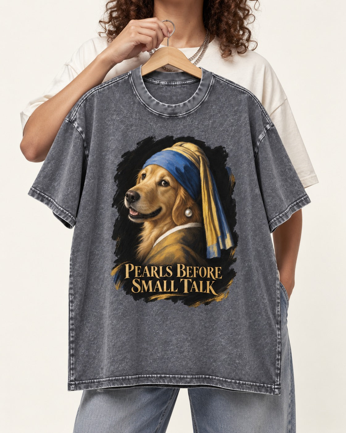 Pearls Before Small Talk Pearl Portrait Golden Retriever Graphic Washed Tee in Gray, held up on a hanger