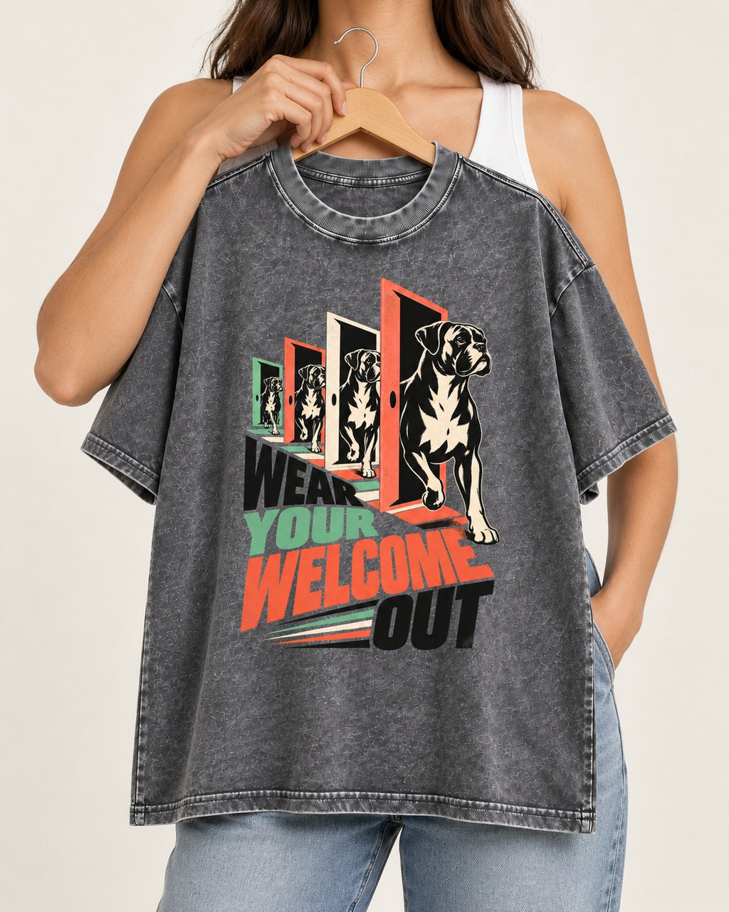 Wear Your Welcome Out Boxer Doorway Progression Graphic Washed Tee in Gray, held up on a hanger