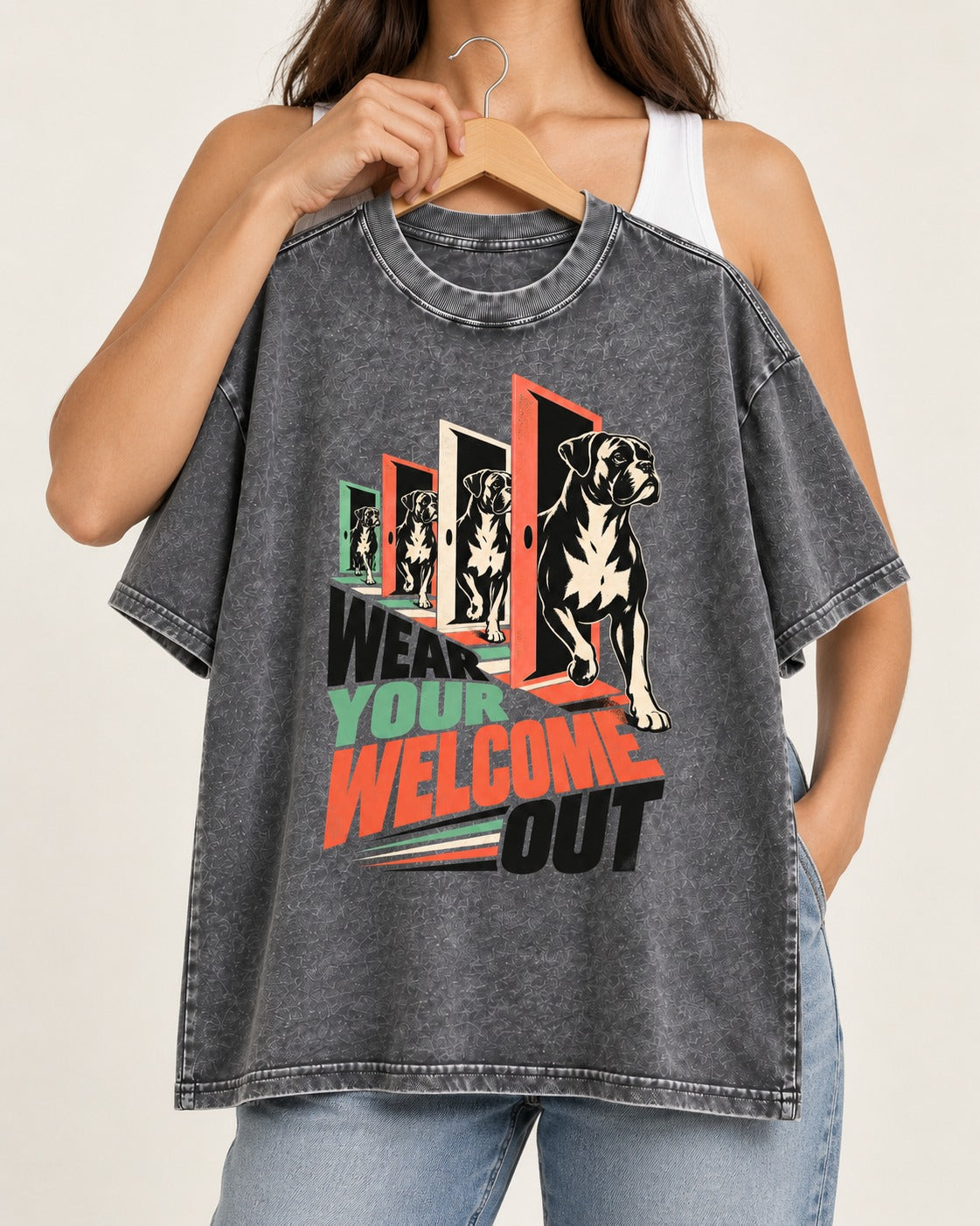 Wear Your Welcome Out Boxer Doorway Progression Graphic Washed Tee in Gray, held up on a hanger