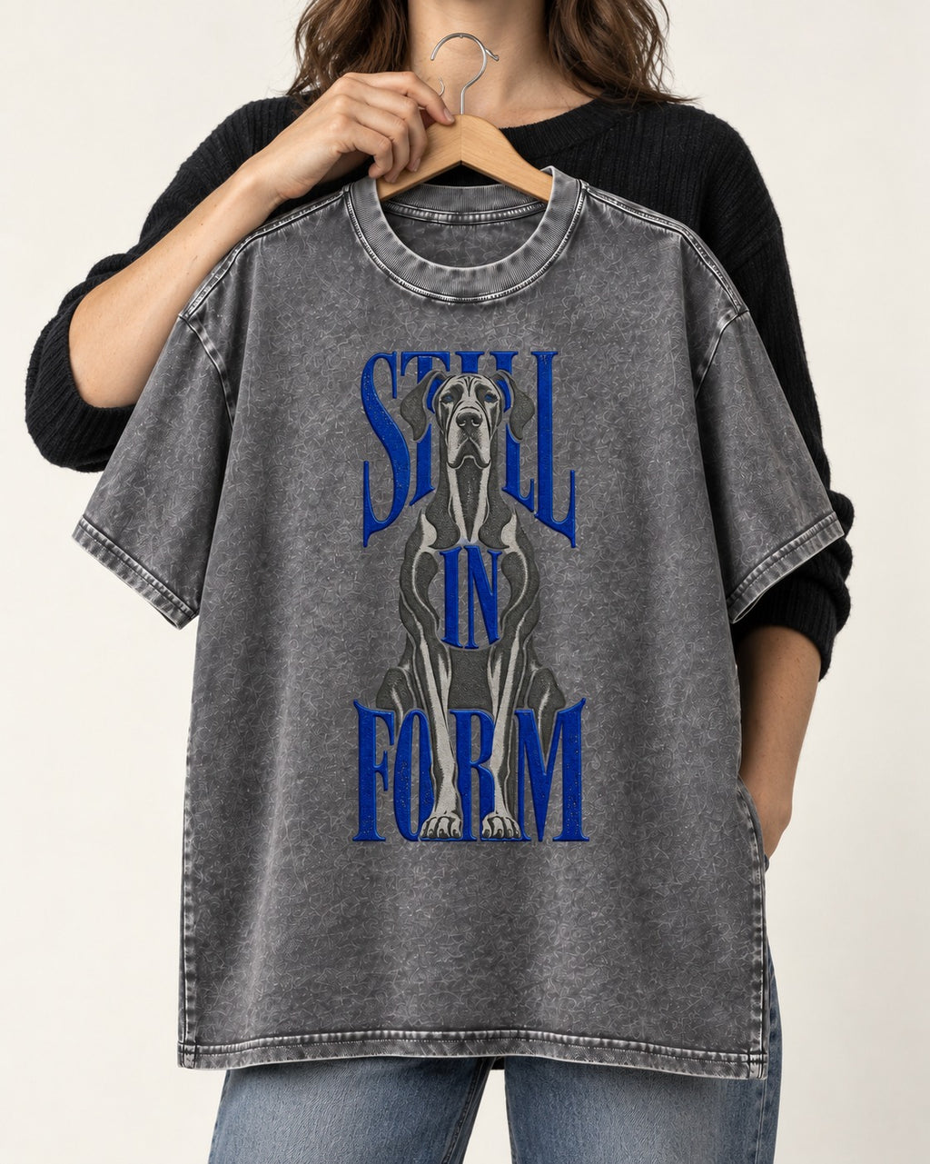 Still in Form Great Dane Washed Tee in Gray, held up on a hanger