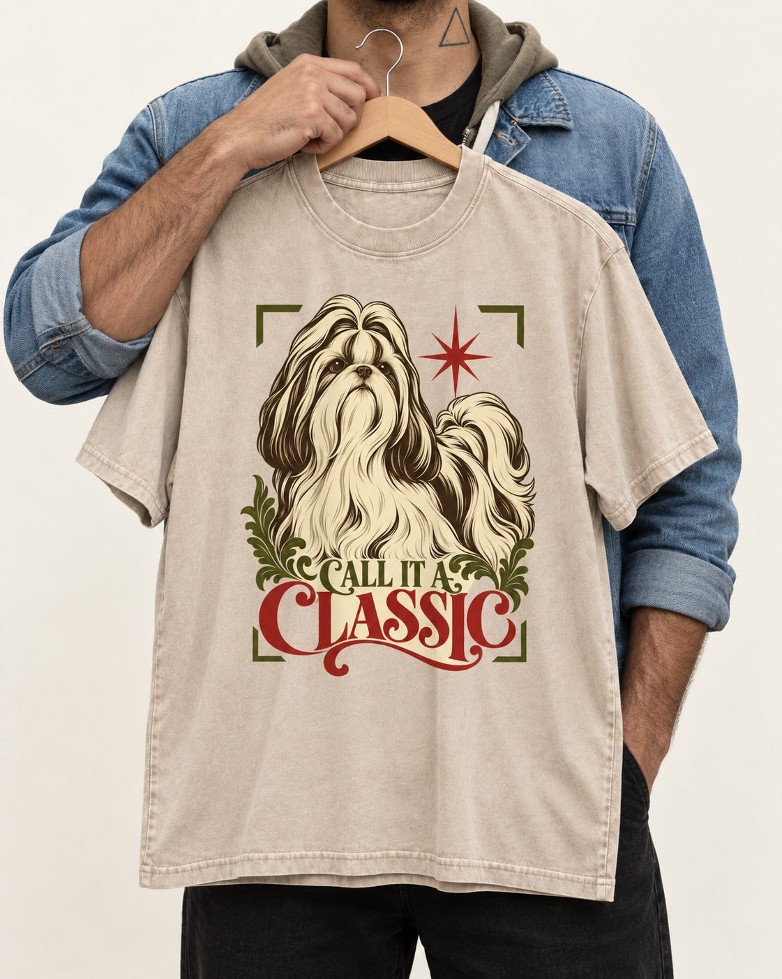 Call It a Shih Tzu Classic Washed Tee in Apricot, held up on a hanger