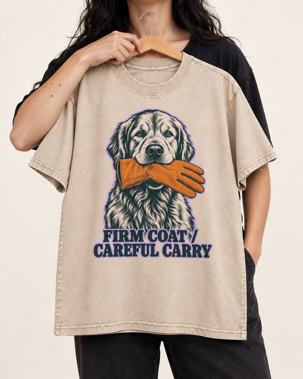 Golden Retriever Firm Coat Careful Carry Washed Tee in Apricot, held up on a hanger