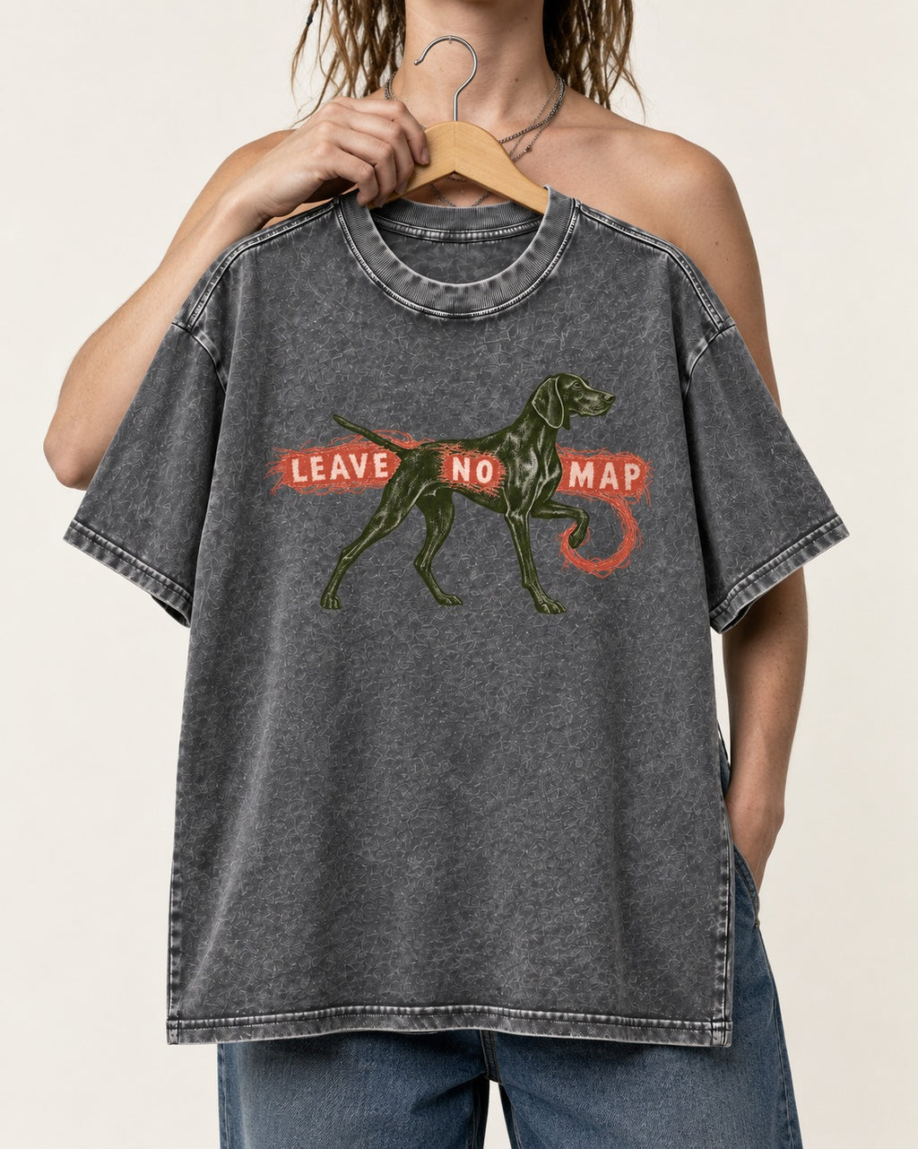 Leave No Map German Shorthaired Pointer Washed Tee in Gray, held up on a hanger