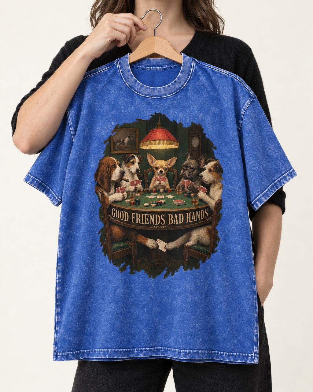 Good Friends Bad Hands Chihuahua Poker Scene Washed Tee in Royal Blue, held up on a hanger