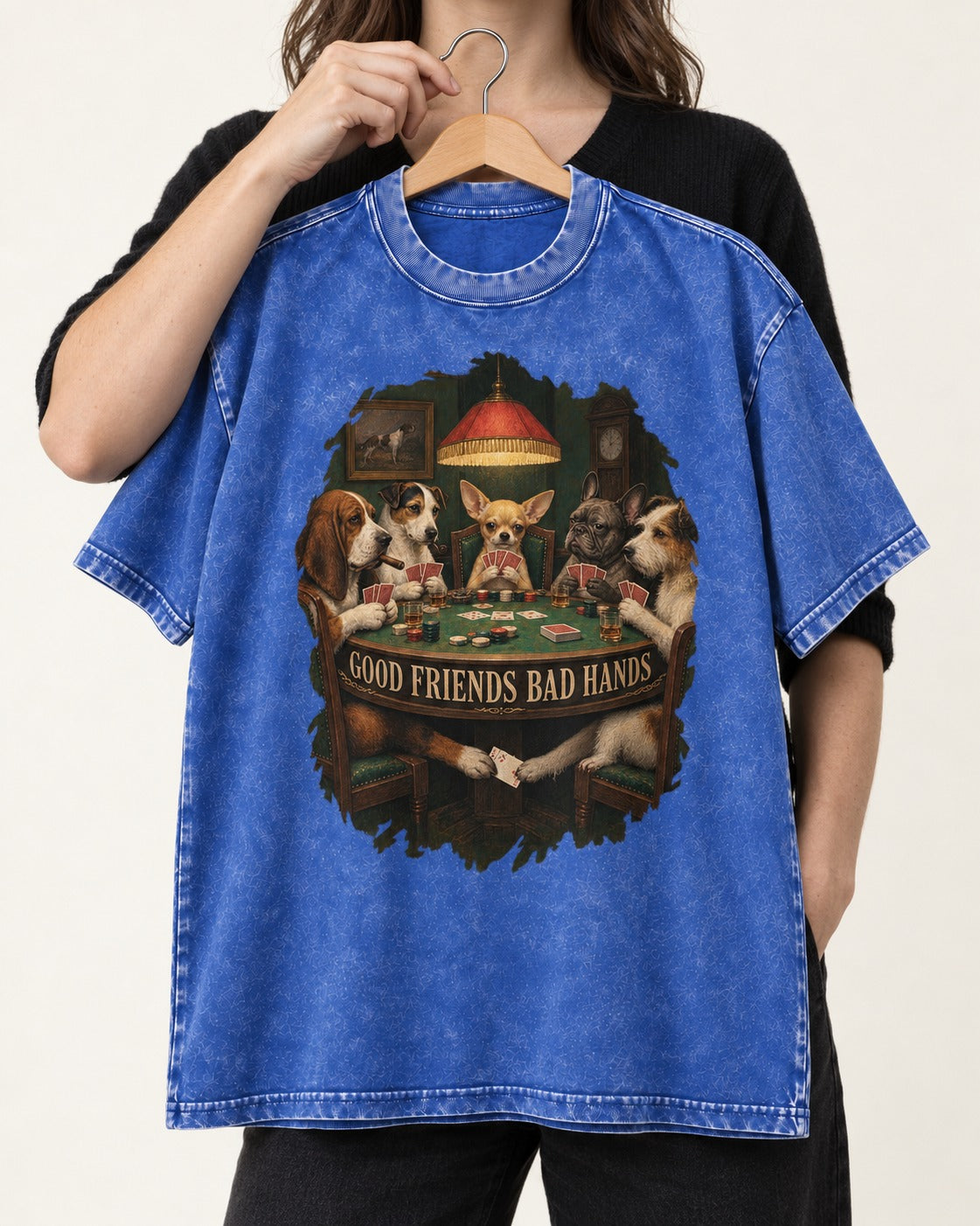 Good Friends Bad Hands Chihuahua Poker Scene Washed Tee in Royal Blue, held up on a hanger