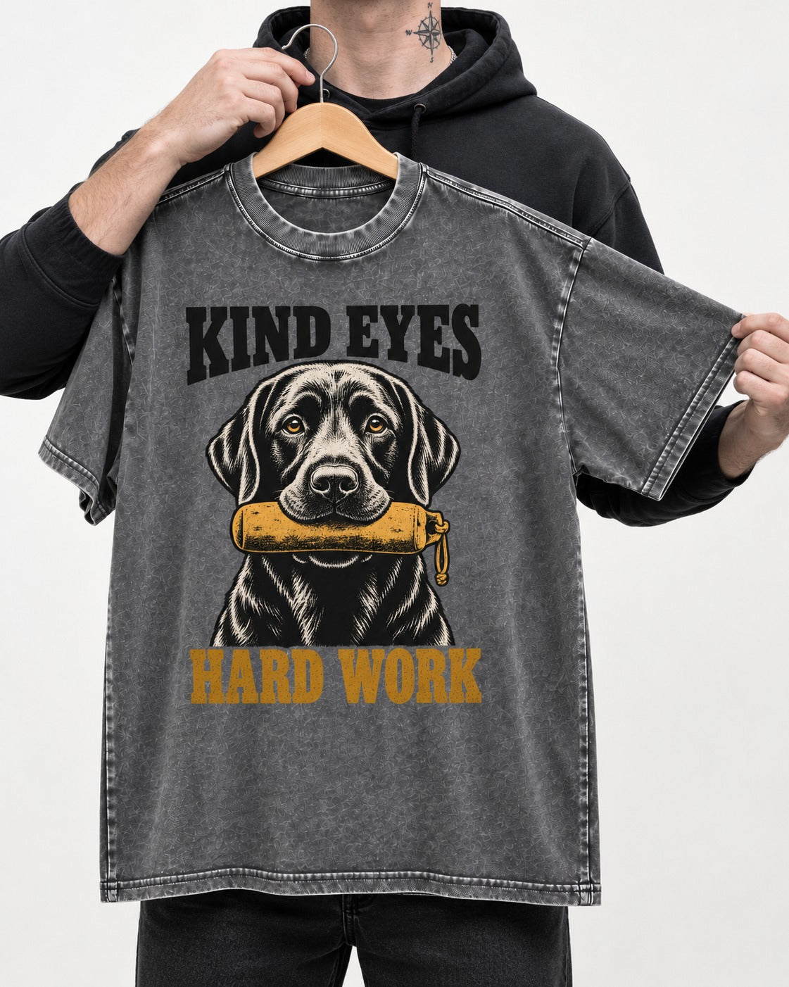 Kind Eyes Hard Work Labrador Retriever Washed Tee in Gray, held up on a hanger