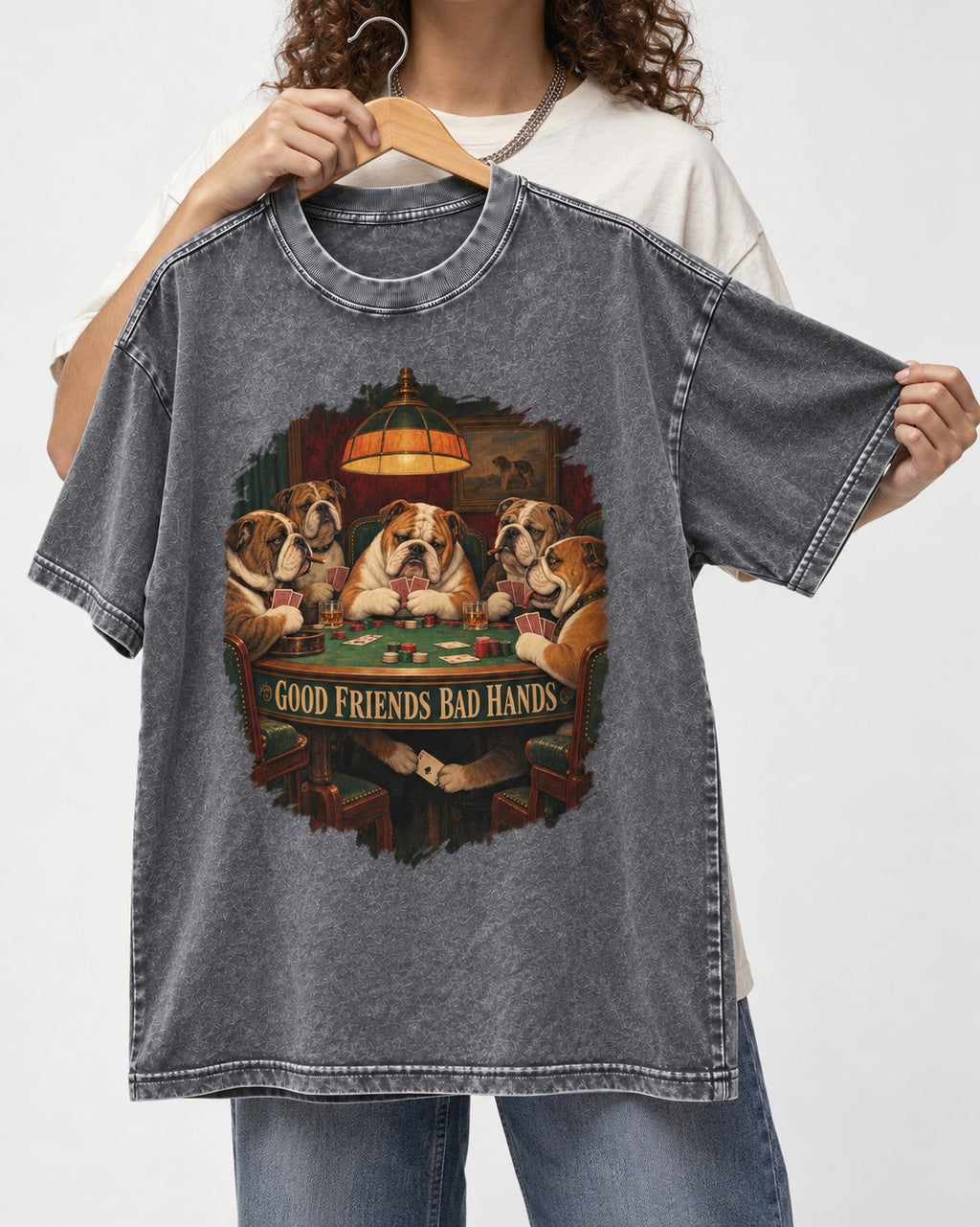 English Bulldog Good Friends Bad Hands Poker Graphic Washed Tee in Gray, held up on a hanger