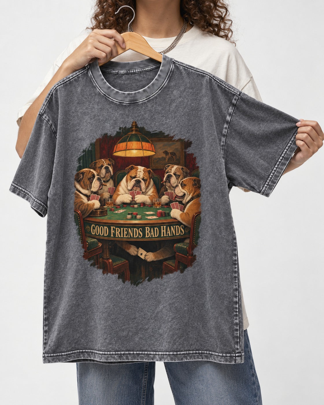 English Bulldog Good Friends Bad Hands Poker Graphic Washed Tee in Gray, held up on a hanger