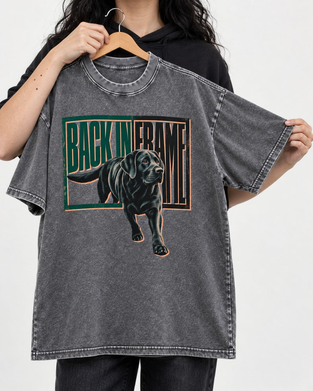 Labrador Retriever Back in Frame Washed Tee in Gray, held up on a hanger