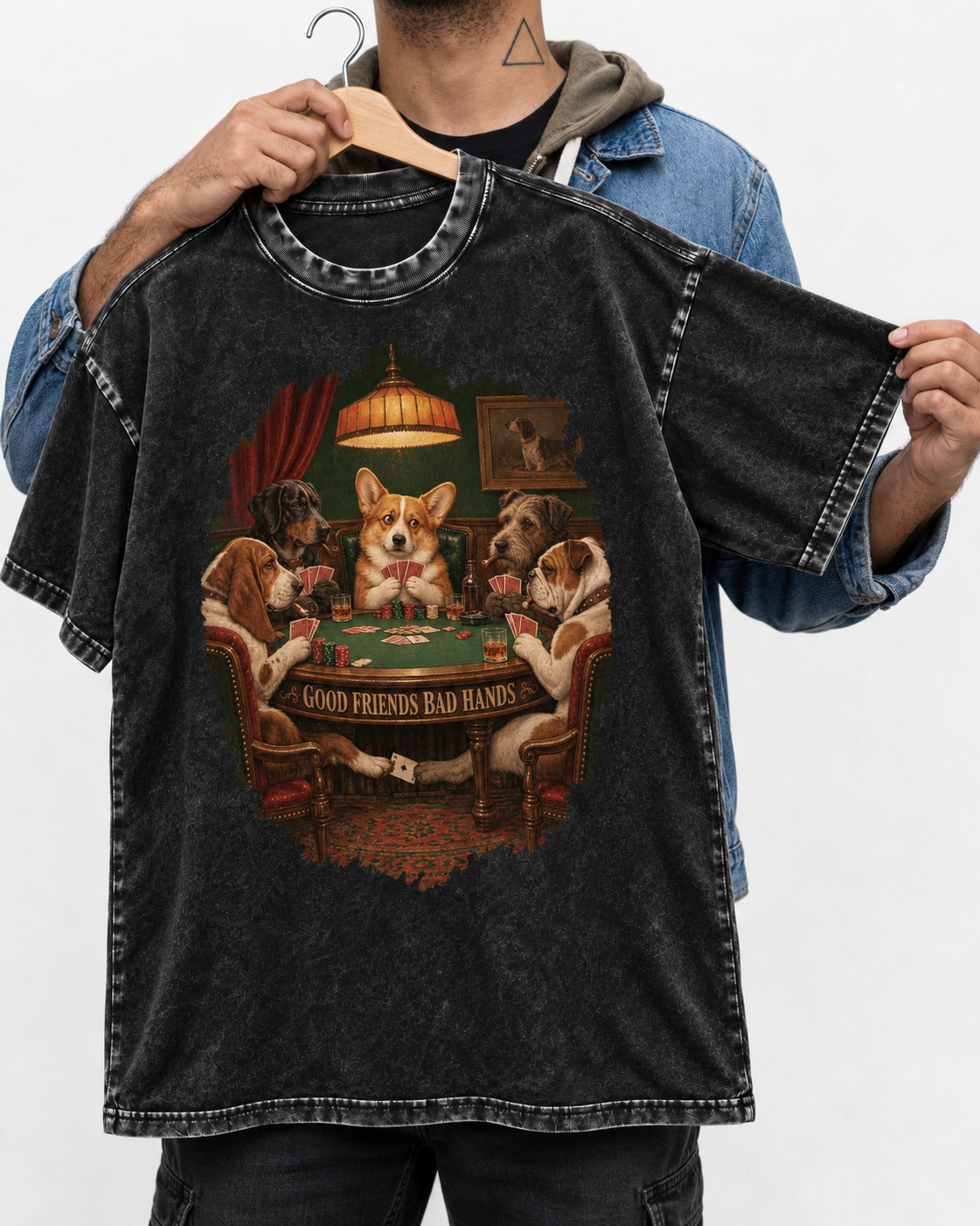 Corgi Good Friends Bad Hands Poker Night Washed Tee in Black, held up on a hanger