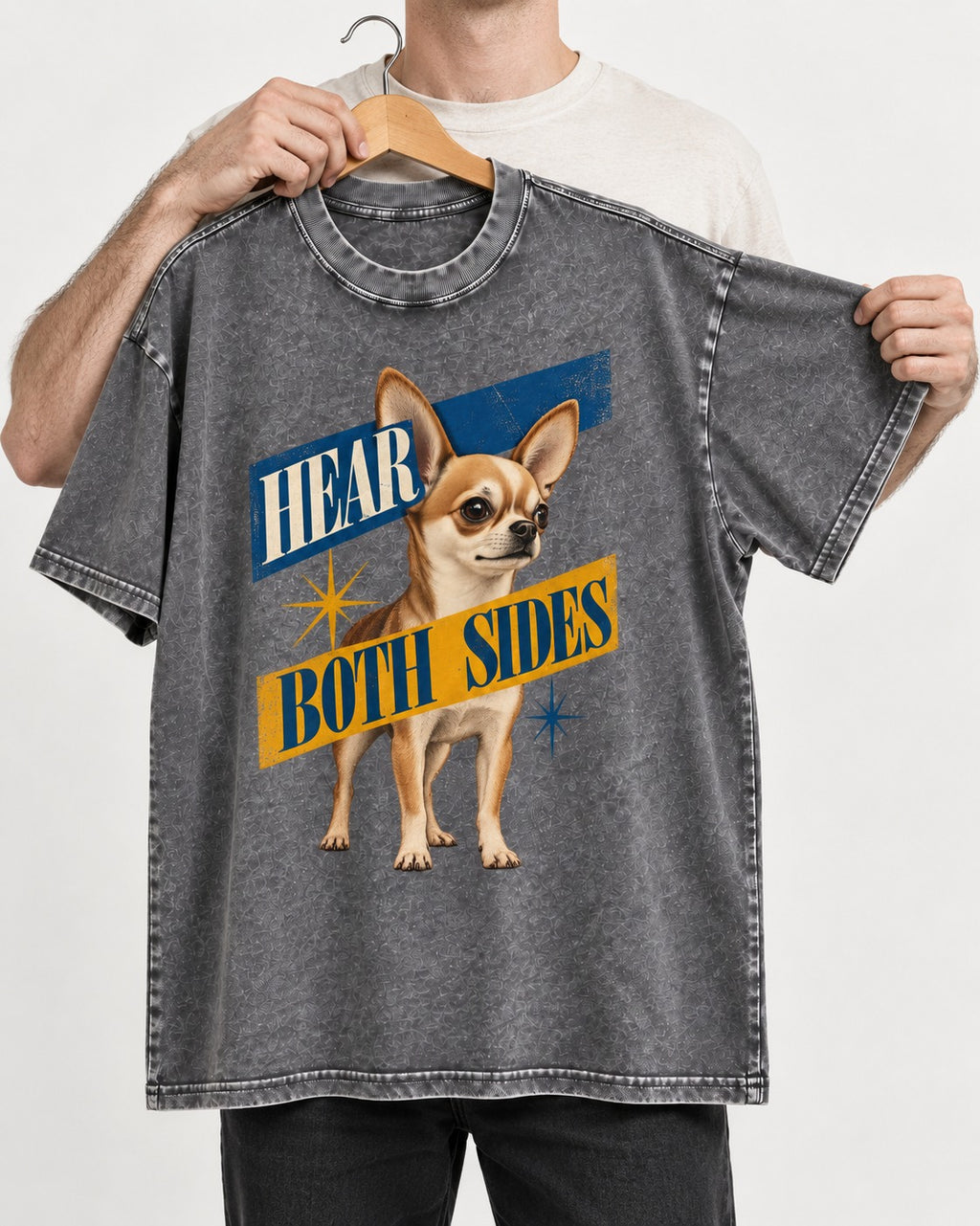 Chihuahua Hear Both Sides Banner Graphic Washed Tee in Gray, held up on a hanger