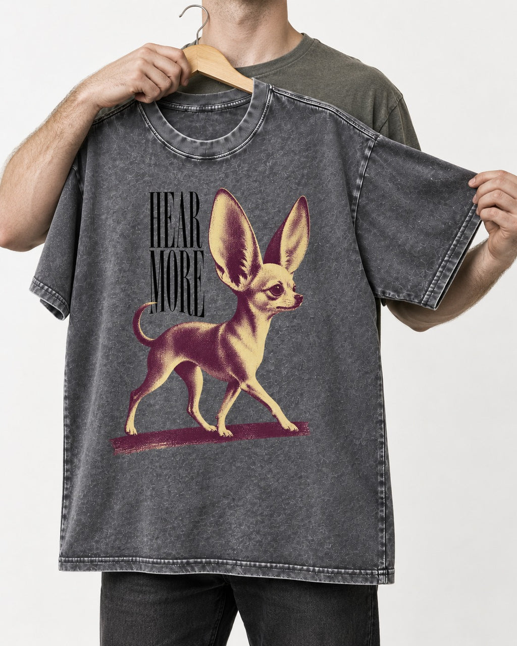 Hear More Chihuahua Washed Tee in Gray, held up on a hanger