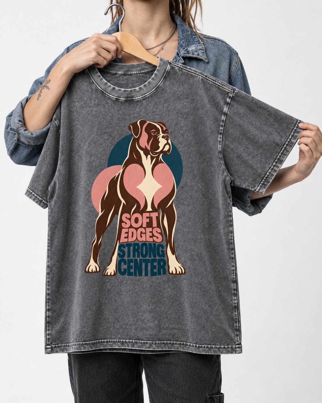 Boxer Soft Edges Strong Center Washed Tee in Gray, held up on a hanger