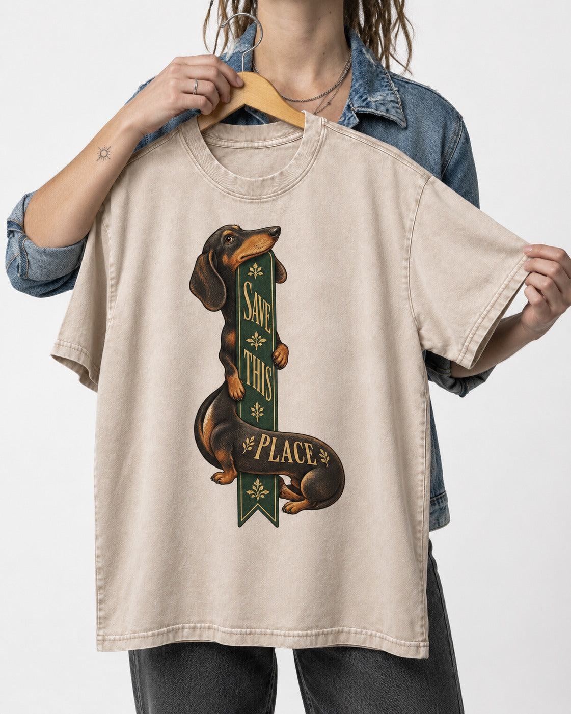 Save This Place Dachshund Washed Tee in Apricot, held up on a hanger