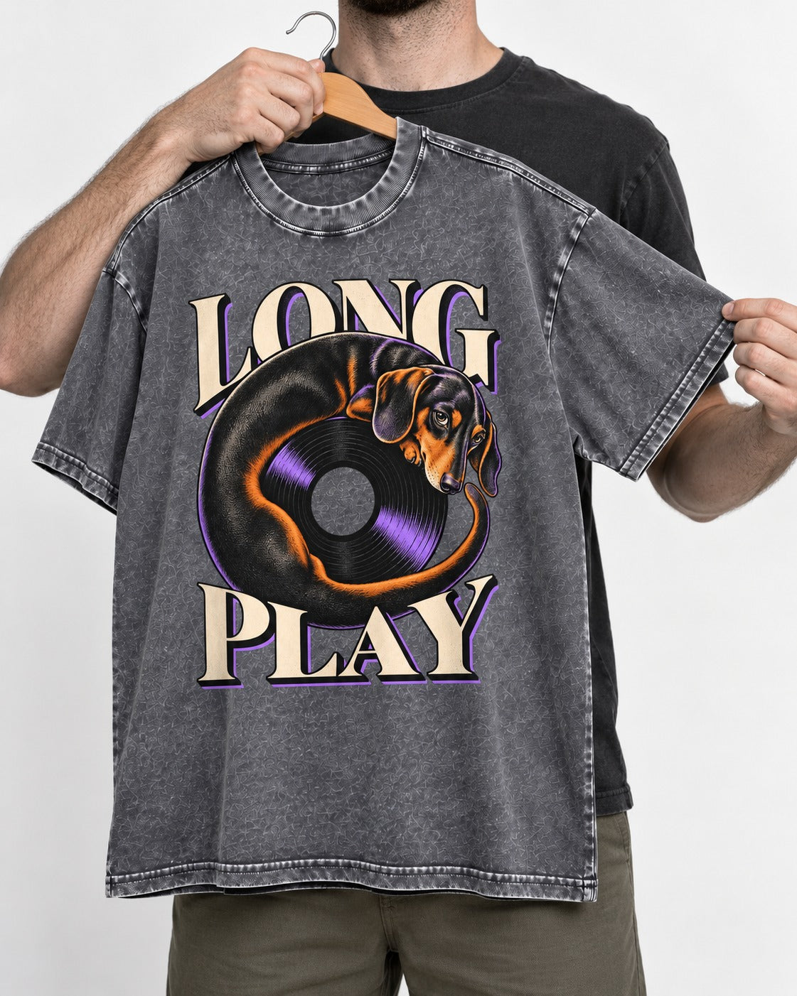 Dachshund Long Play Vinyl Record Graphic Washed Tee in Gray, held up on a hanger