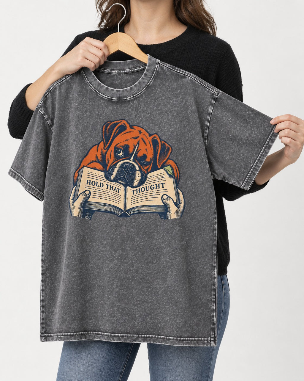 Boxer Hold That Thought Washed Tee in Gray, held up on a hanger