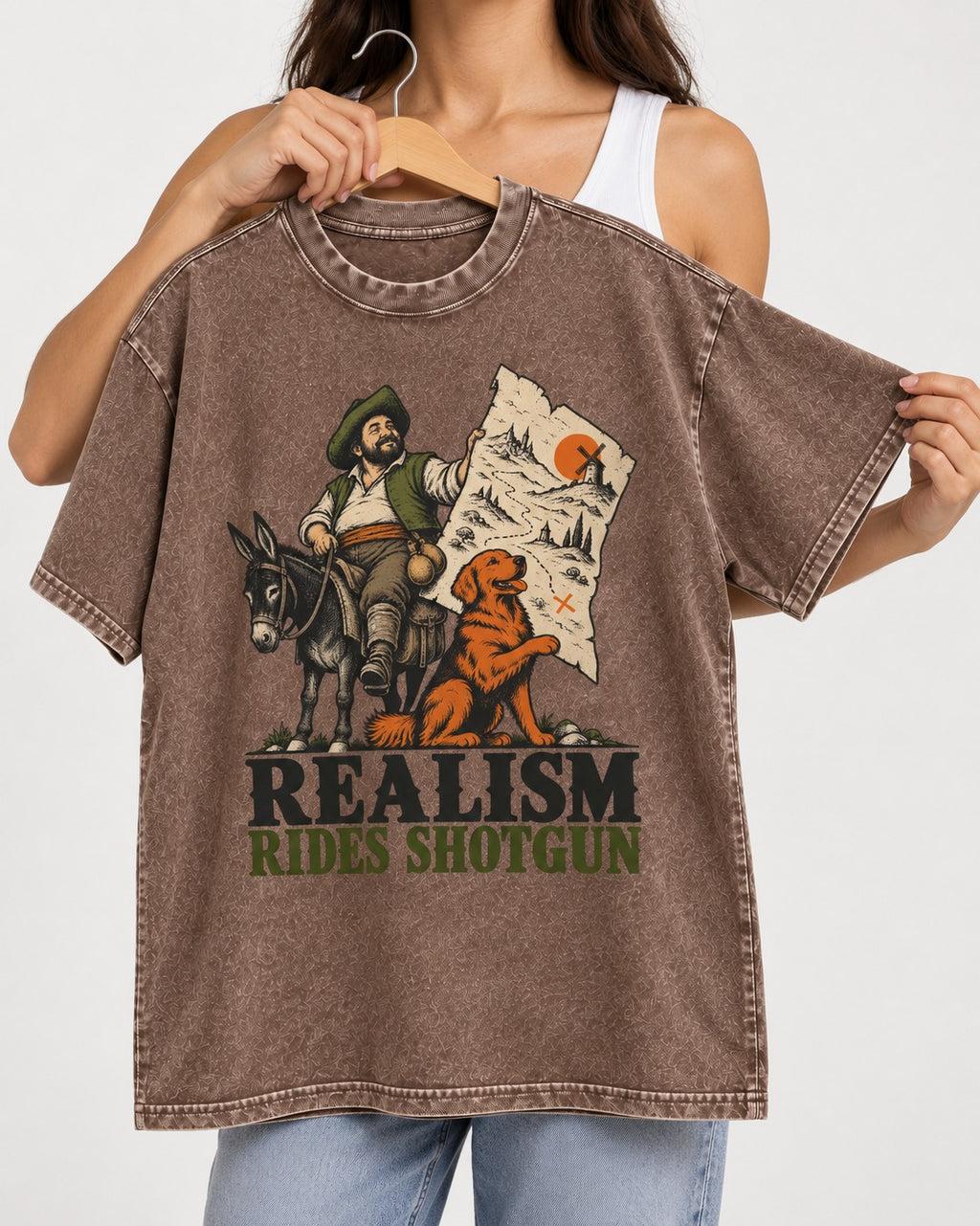 Realism Rides Shotgun with Golden Retriever Washed Tee in Coffee, held up on a hanger