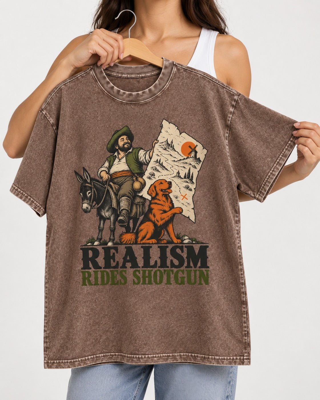 Realism Rides Shotgun with Golden Retriever Washed Tee in Coffee, held up on a hanger