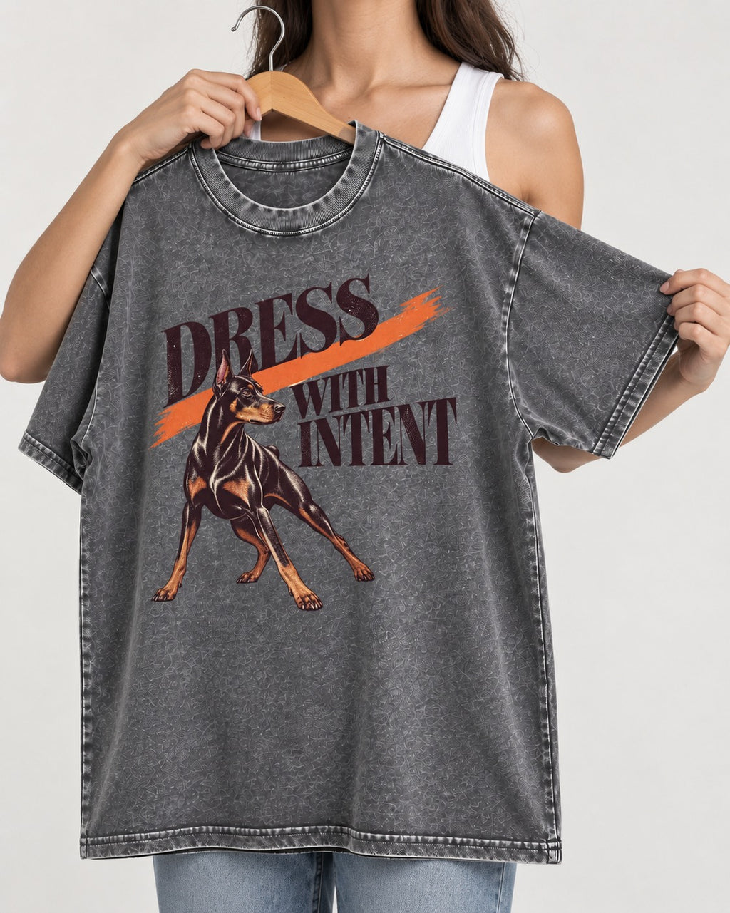 Doberman Dress with Intent Washed Tee in Gray, held up on a hanger