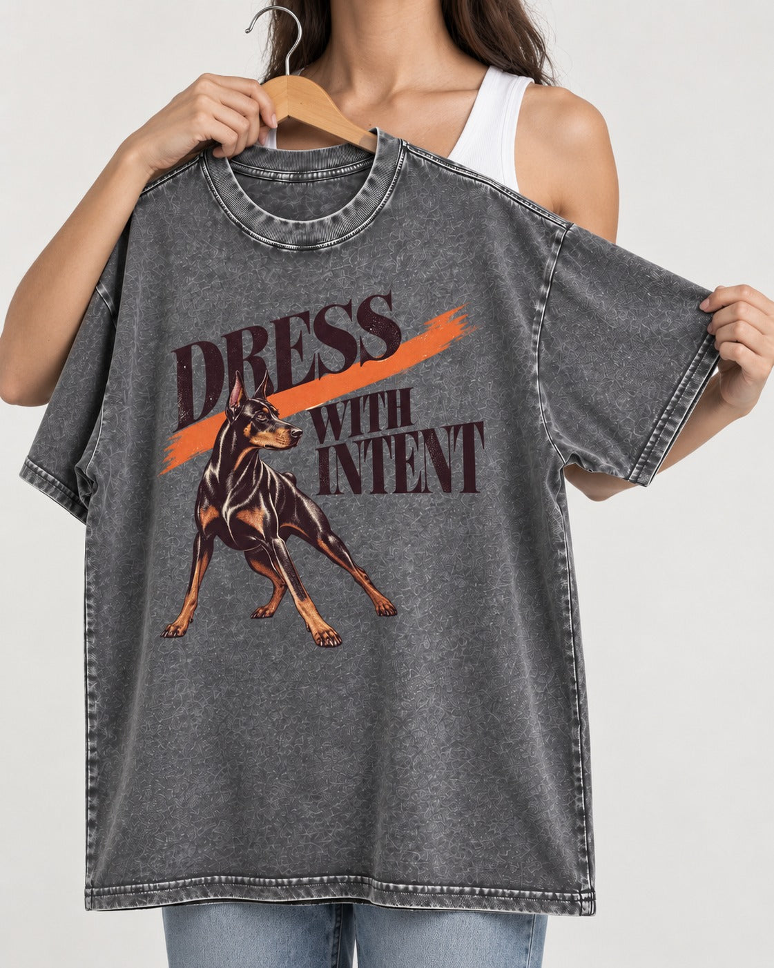 Doberman Dress with Intent Washed Tee in Gray, held up on a hanger
