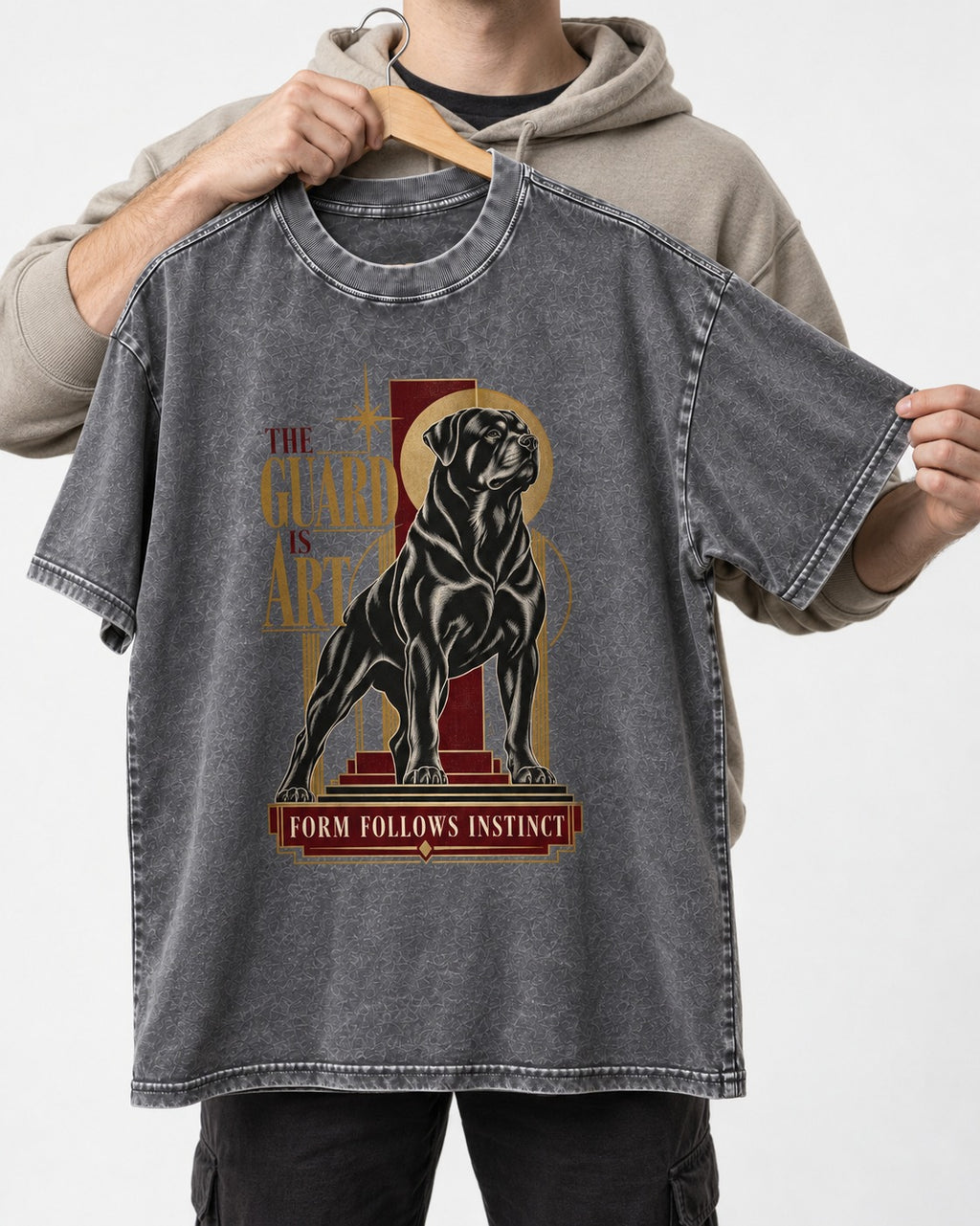 Rottweiler Form Follows Instinct Washed Tee in Gray, held up on a hanger
