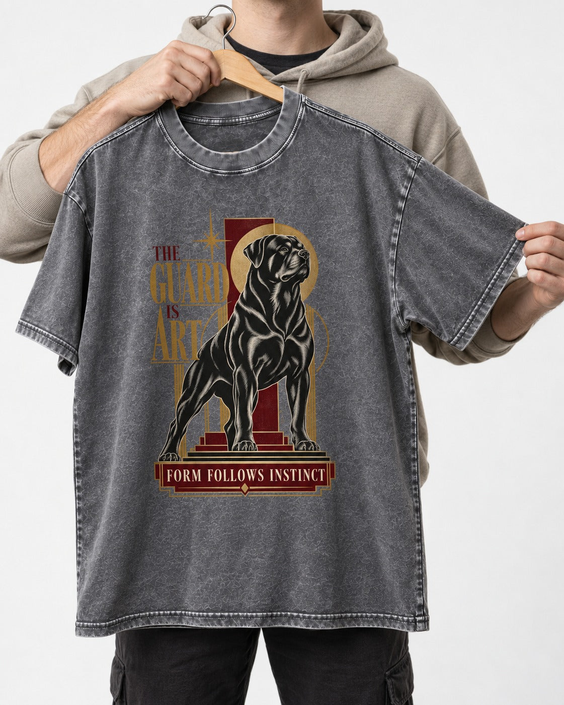 Rottweiler Form Follows Instinct Washed Tee in Gray, held up on a hanger