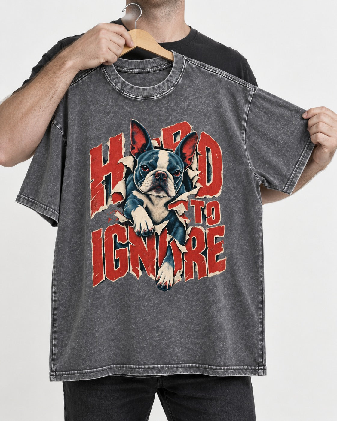 Hard to Ignore Boston Terrier Graphic Washed Tee in Gray, held up on a hanger