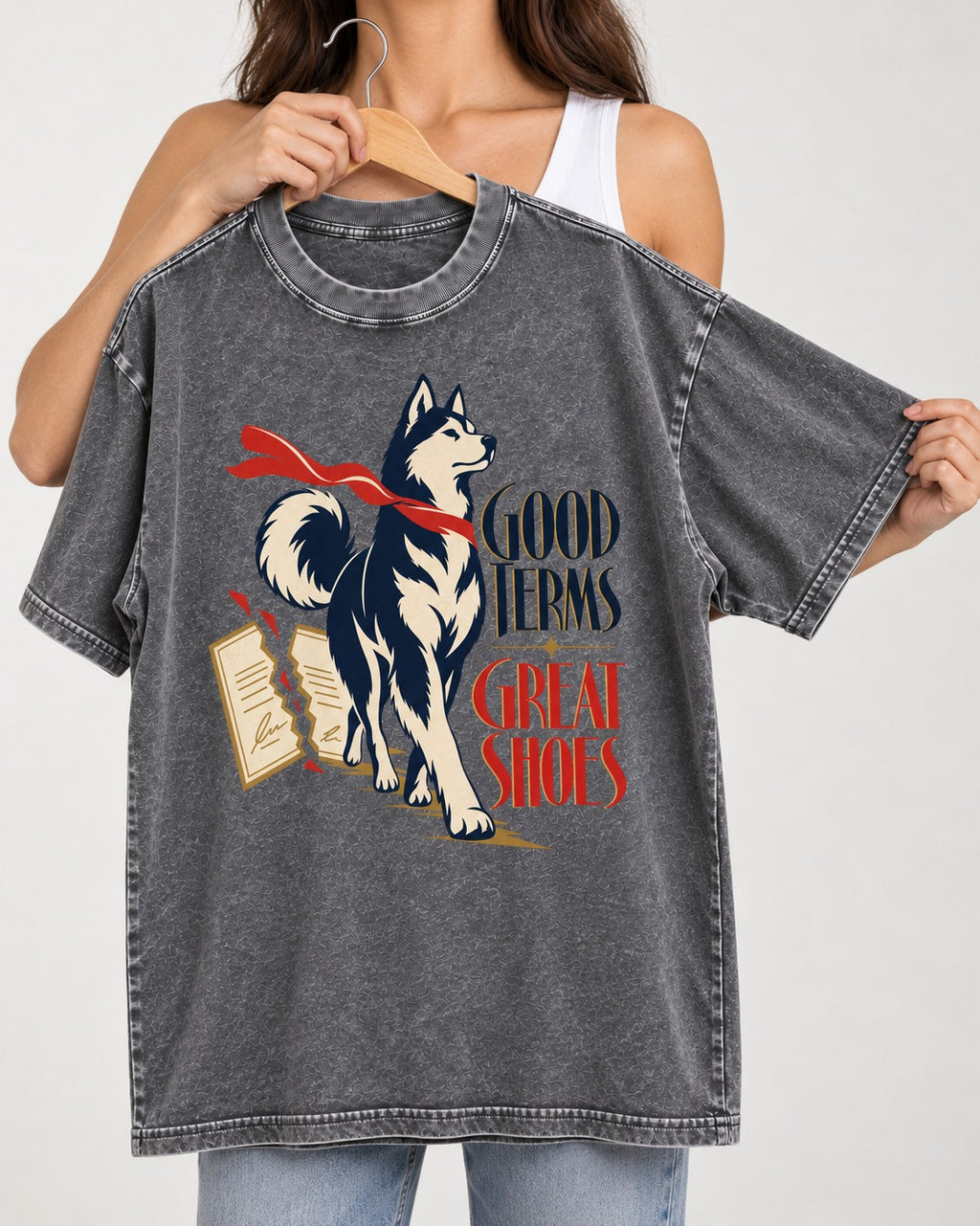 Husky Good Terms Great Shoes Washed Tee in Gray, held up on a hanger