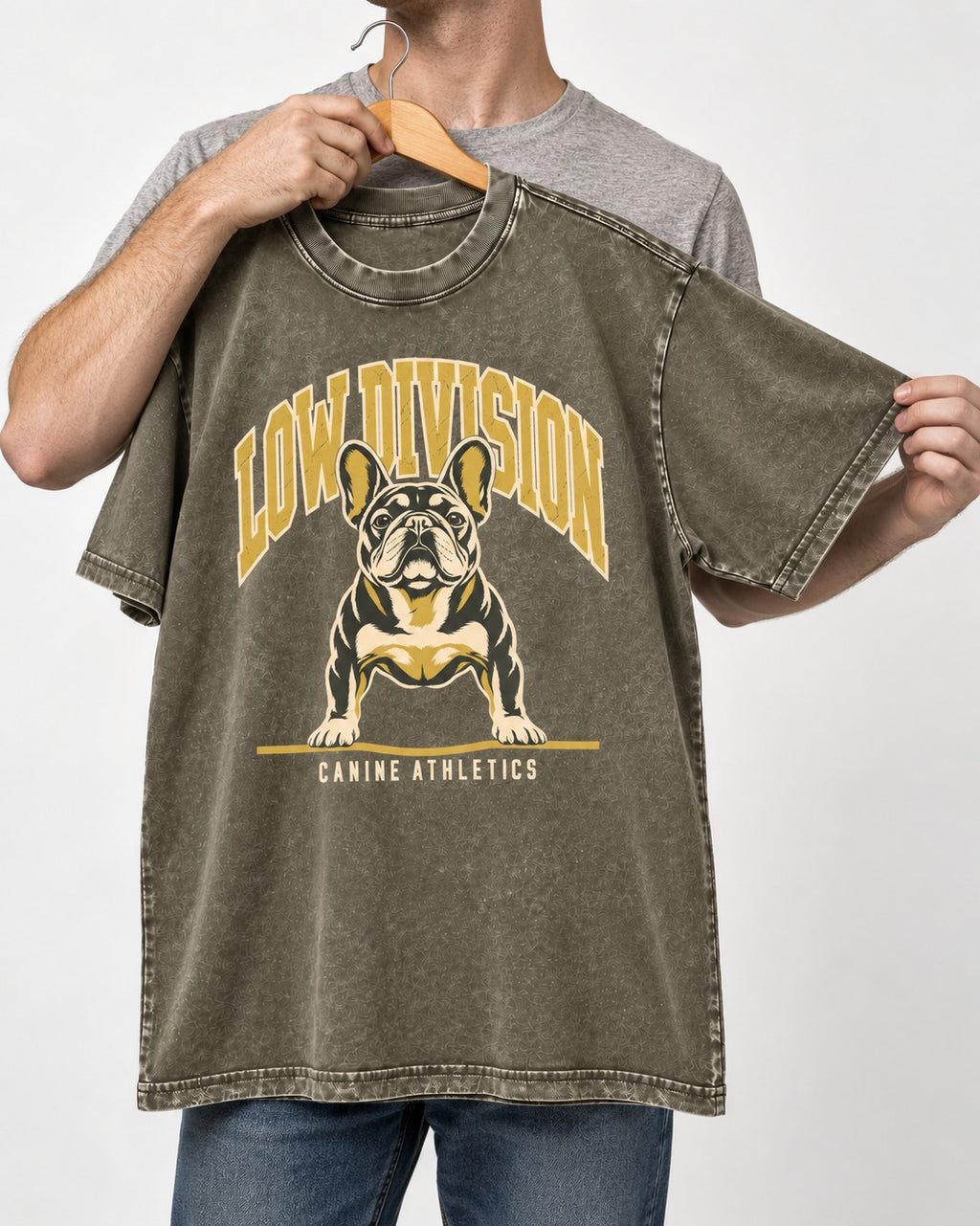 Frenchie Low Division Canine Athletics Graphic Washed Tee in Army Green, held up on a hanger