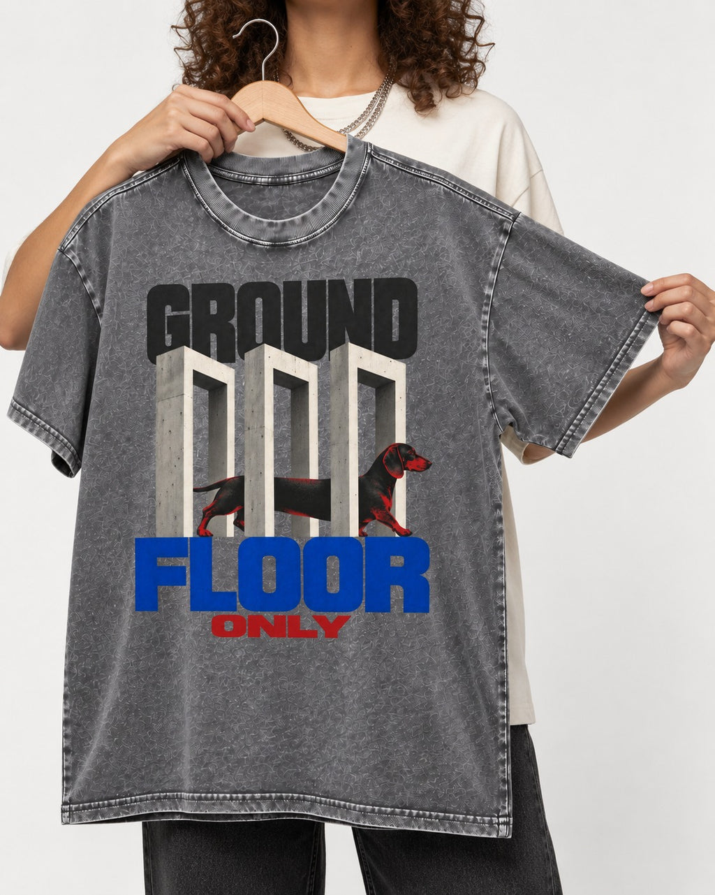 Ground Floor Only Dachshund Washed Tee in Gray, held up on a hanger