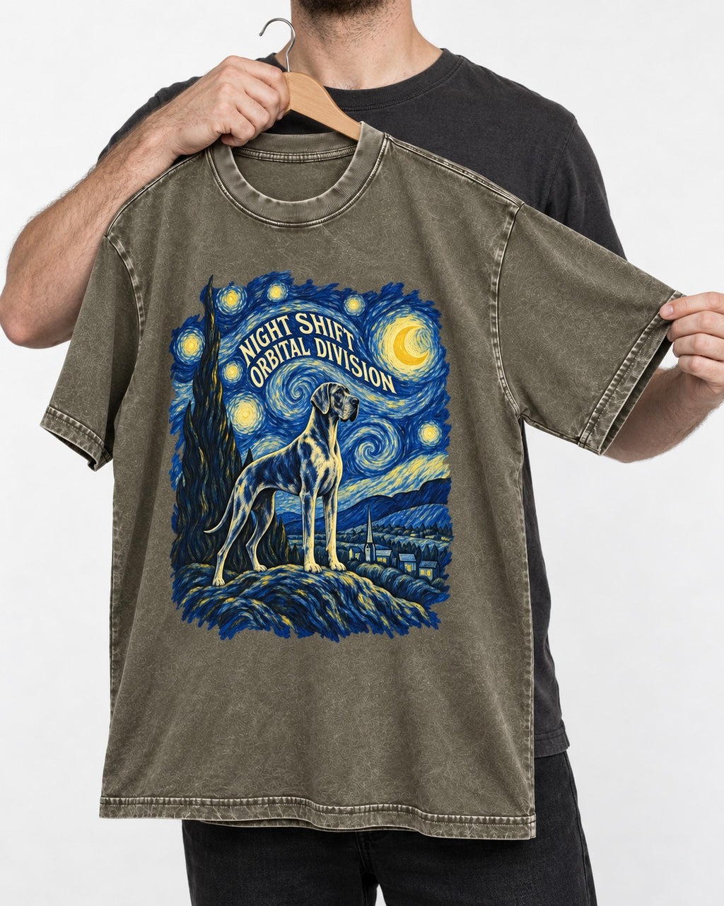 Great Dane Night Shift Orbital Division Starry Sky Graphic Washed Tee in Army Green, held up on a hanger